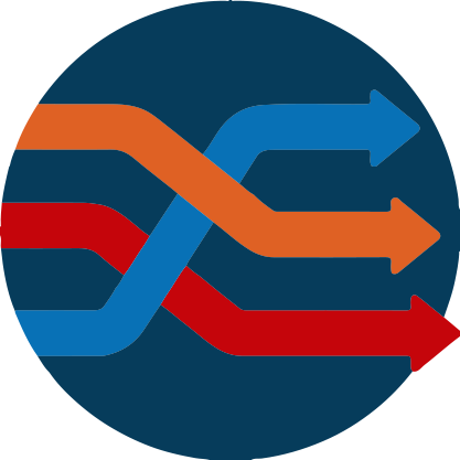 Illustration of three arrows the intersect but then continue on together afterwards.