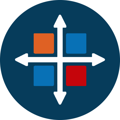 Illustration of arrows going in four directions on an axis point with squares in between.